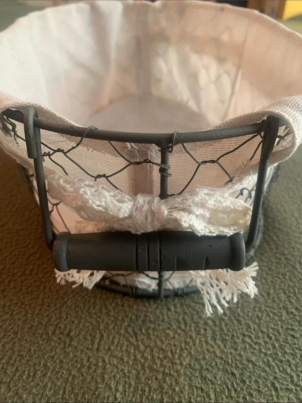 Cute gray & cream wire basket w/ wooden handles & lace details. 12” x 8” x 4.75”